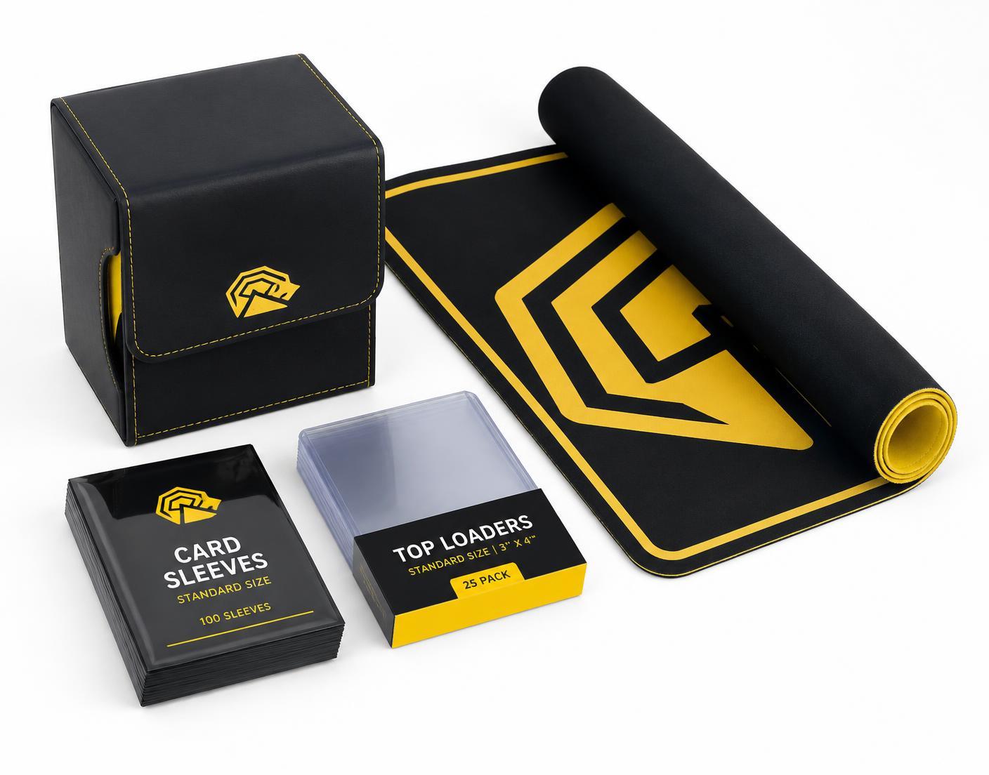 Acessórios — Sleeves, deck box, playmat e toploaders pretos e amarelos